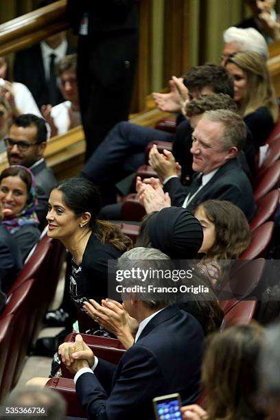 Salma Hayek attends 'Un Muro o Un Ponte' Seminary held by Pope Francis at the Paul VI Hall on May 29, 2016 in Vatican City, Vatican.