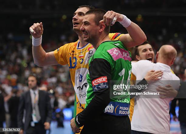 Krzysztof Lijewski of Kielce and goalkeeper Marin Sego celebrate after winning the EHF Champions League Final against MKB Veszprem on May 29, 2016 in...