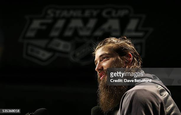 Brent Burns of the San Jose Sharks speaks during Media Day prior to the 2016 NHL Stanley Cup Final between the Pittsburgh Penguins and San Jose...