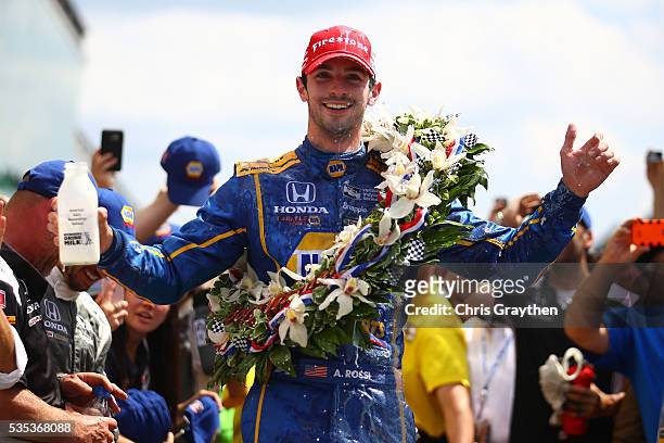 Alexander Rossi, driver of the NAPA Auto Parts Andretti Herta Autosport Honda celebrates after winning the 100th running of the Indianapolis 500 at...