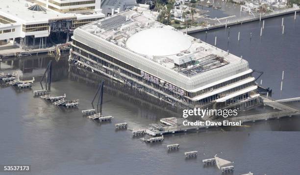 The damaged Palace Casino is seen from the air August 30, 2005 in Biloxi, Mississippi. An estimated 70 people are dead across the gulf coast after...