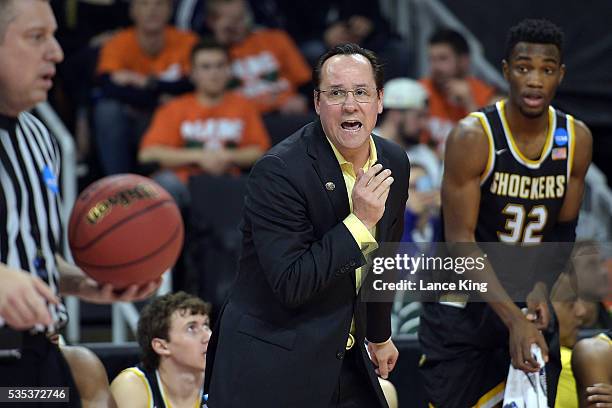 Head coach Gregg Marshall of the Wichita State Shockers reacts against the Arizona Wildcats during the first round of the 2016 NCAA Men's Basketball...