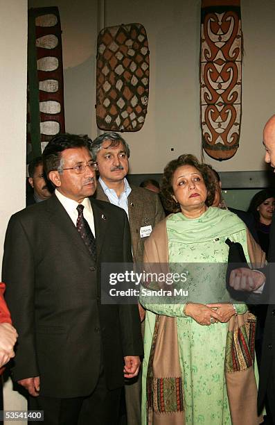 The Pakistan President, General Pervez Musharraf and his wife, Her Excellency Mrs Sehba Musharraf listen to the Maori History explained to them...