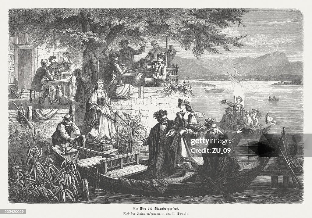 On the shores of Lake Starnberg, wood engraving, published 1871