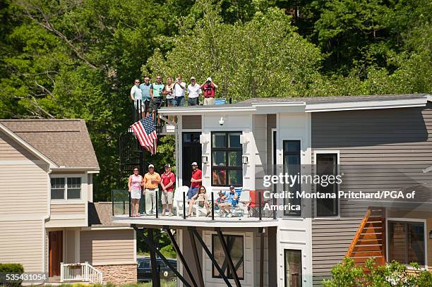 The gallery on the eigth hole during the final round for the 77th Senior PGA Championship presented by KitchenAid held at Harbor Shores Golf Club on...