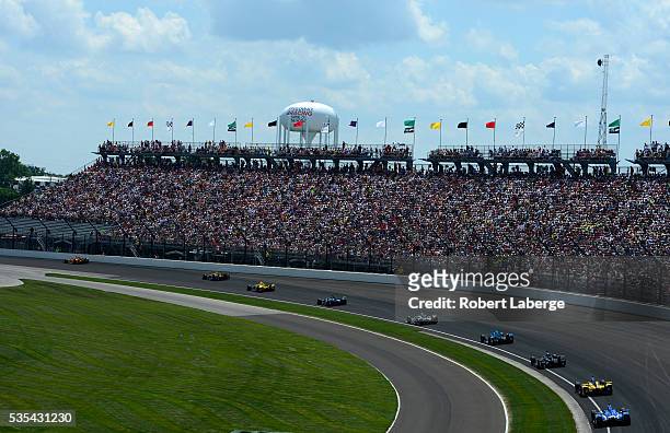 General view of the track during the 100th running of the Indianapolis 500 mile race at the Indianapolis Motor Speedway on May 29, 2016 in...