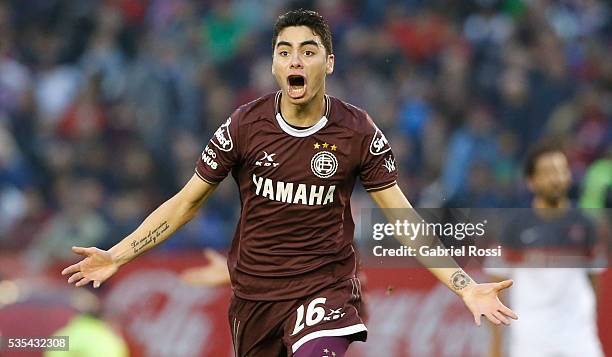 Miguel Almiron of Lanus celebrates after scoring the second goal of his team during a final match between San Lorenzo and Lanus as part of Torneo...