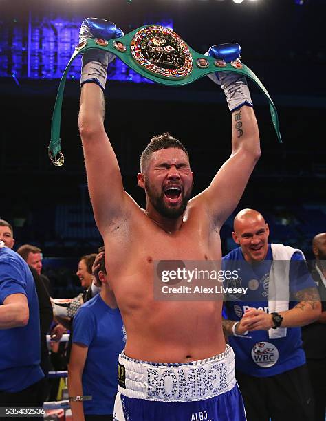 Tony Bellew celebrates after stopping Illunga Makabu in the second round to win the Vacant WBC World Cruiserweight Championship fight between Tony...