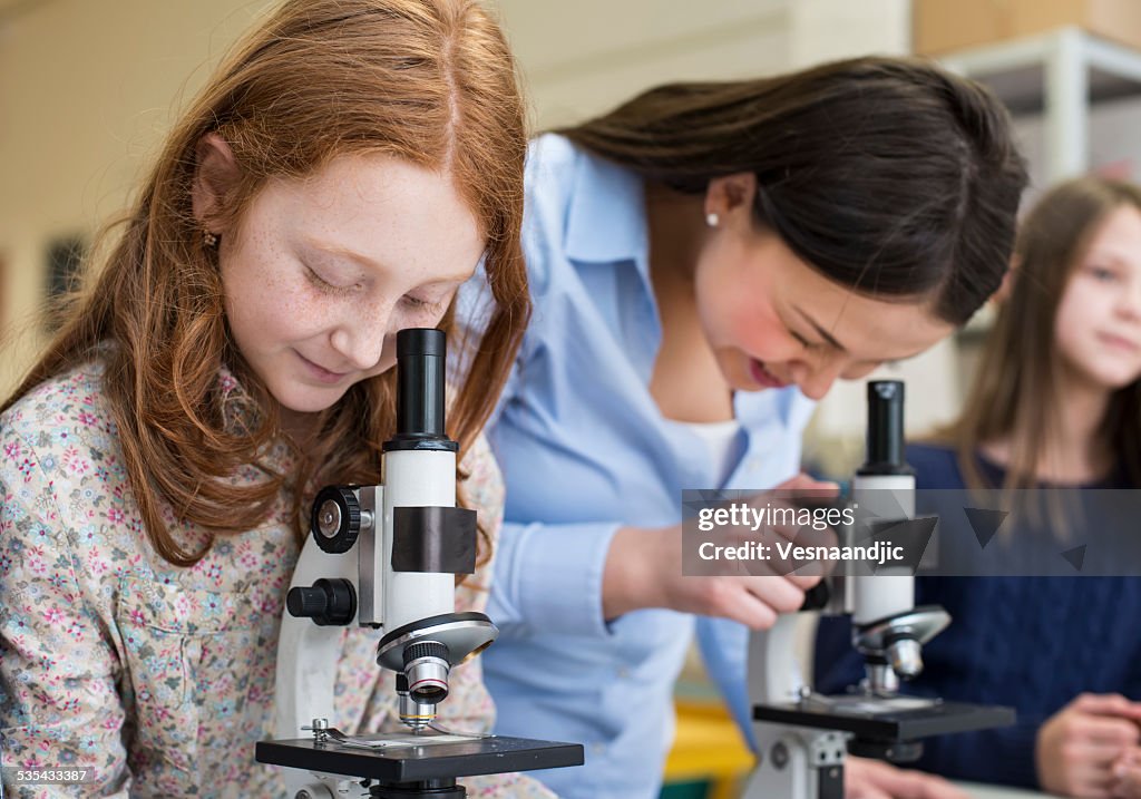 School children using microscope