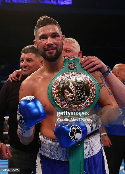 Tony Bellew celebrates after stopping Illunga Makabu in the second round to win the Vacant WBC World Cruiserweight Championship fight between Tony...
