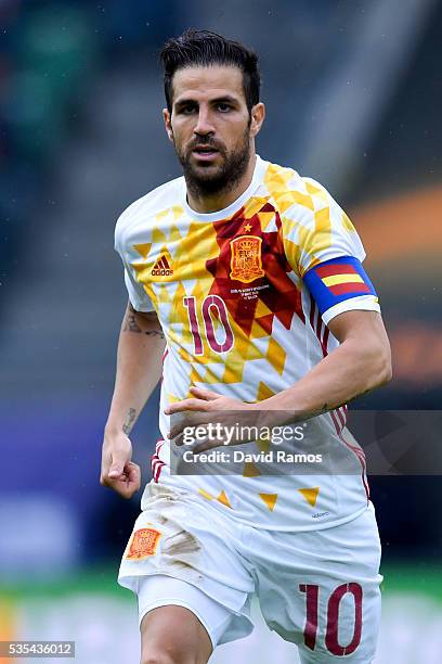 Cesc Fabregas of Spain looks on during an international friendly match between Spain and Bosnia at the AFG Arena on May 29, 2016 in St Gallen,...