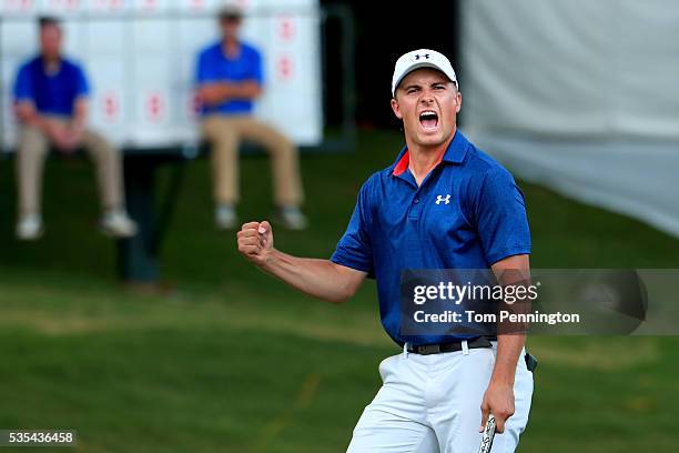 Jordan Spieth reacts on the 16th green during the Final Round of the DEAN & DELUCA Invitational at Colonial Country Club on May 29, 2016 in Fort...