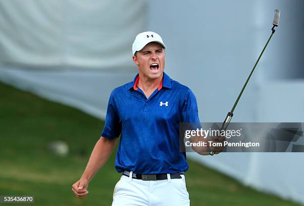 Jordan Spieth celebrates on the 16th green during the Final Round of the DEAN & DELUCA Invitational at Colonial Country Club on May 29, 2016 in Fort...