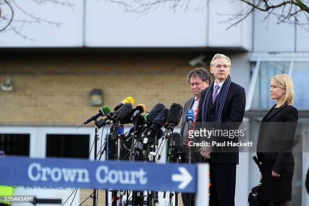 WikiLeaks founder Julian Assange speaks, flanked by his lawyers Mark Stephens and Jennifer Robinson , after his extradition hearing at Belmarsh...