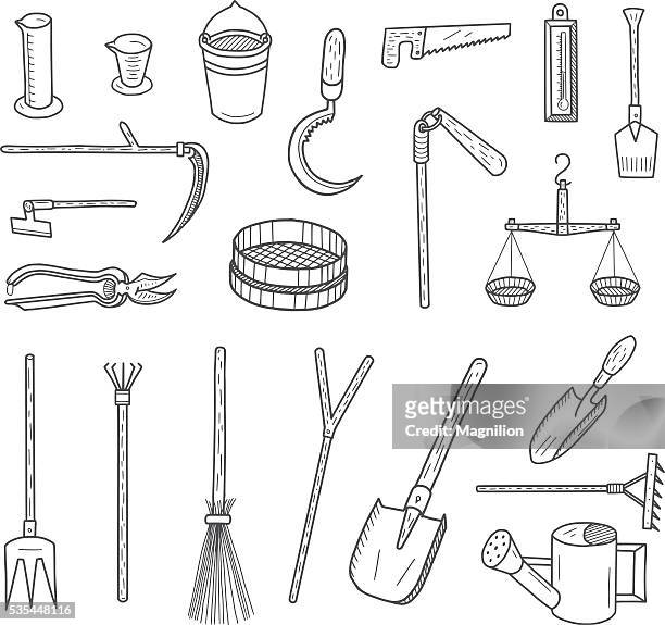 garden tools doodles - scythe stock illustrations