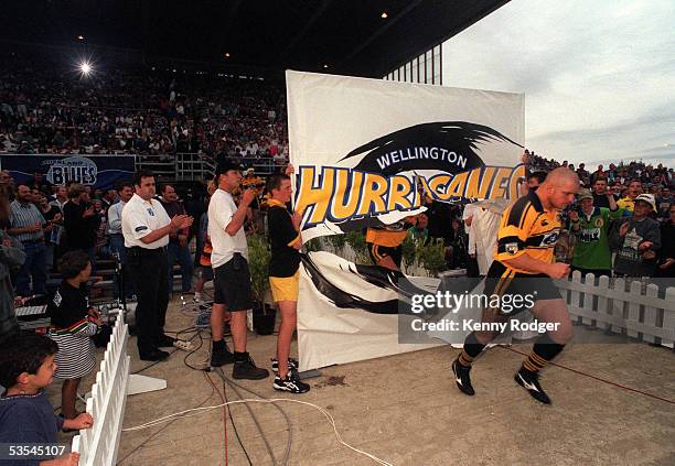 Wellington Hurricanes captain Mark Allen leads his side out onto the field for the inagural Super 12 match between the Wellington Hurricanes and the...