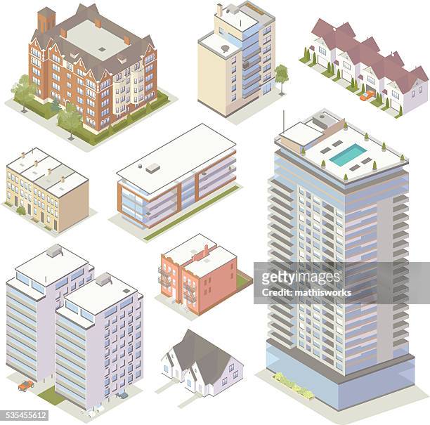 isometric apartment buildings - apartment stock illustrations