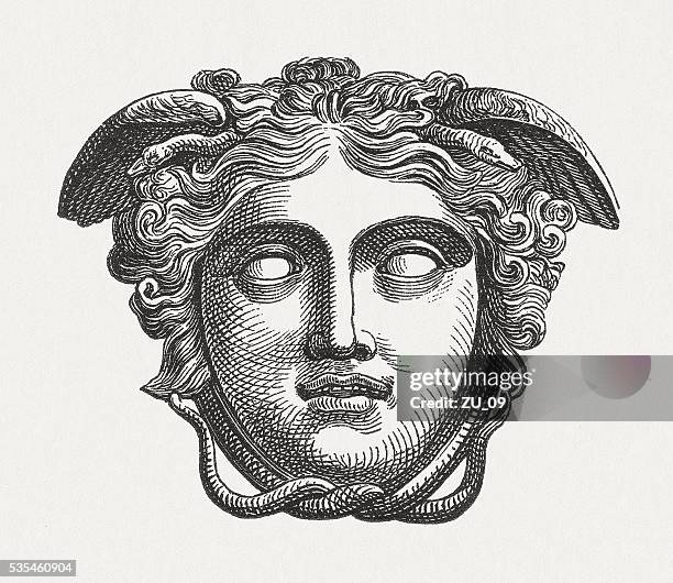 head of medusa, figure of the greek mythology, published 1880 - medusa stock illustrations