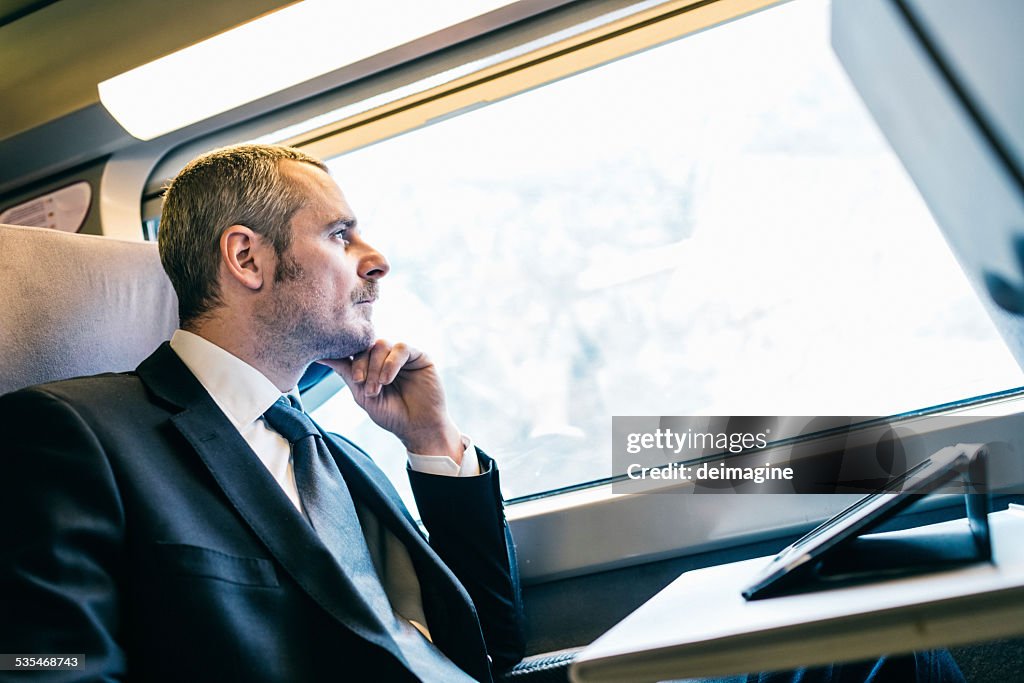 Businessman train travelers