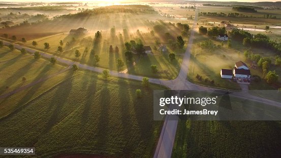 Magical sunrise through ground fog with long shadows and sunbeams Magical sunrise through ground fog with long shadows and sunbeams
