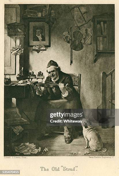 the old strad violin maker's workshop music engraving - old man violin stock illustrations
