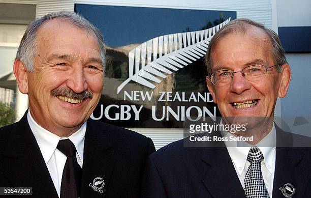 The newly elected President of the New Zealand Rugby Union, Tane Norton, left and Vice President John Graham after the AGM at their Centreport...