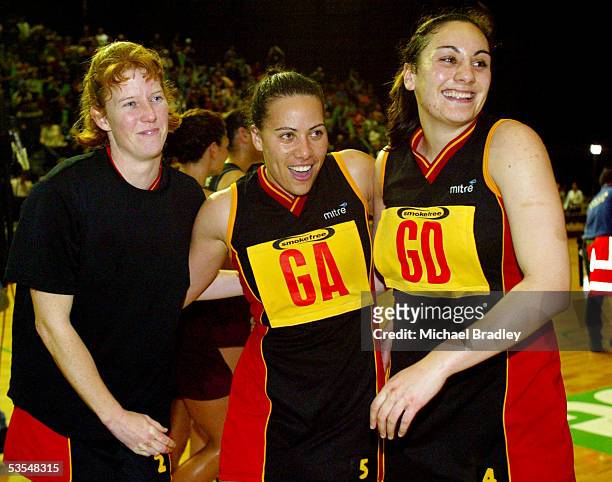 Waikato's Rachel Davis, Renee Jacobsen and Joline Henry celebrate after the Final of the Netball Smokefree Champs between Waikato and Netball North...