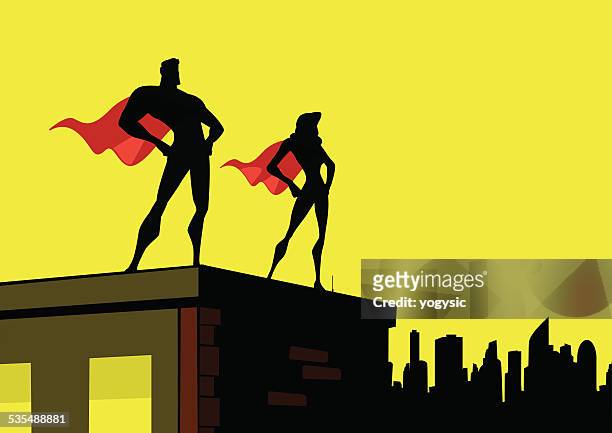 ilustraciones, imágenes clip art, dibujos animados e iconos de stock de silueta vector superhéroe par simple - hombre ciudad