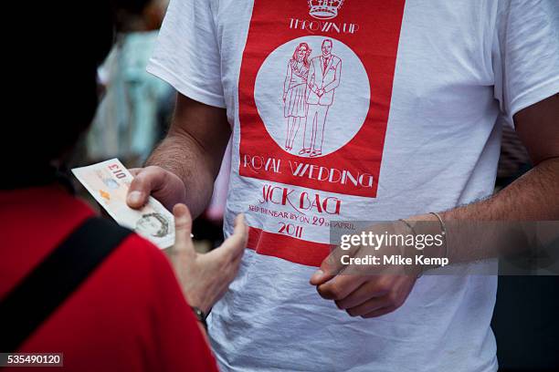 Royal Wedding Sick Bag t-shirts for sale for those who want to avoid the wedding. Brick Lane Market scenes along this most famous of East End markets...