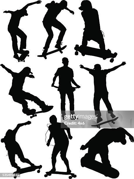 skaters in various actions - rollerskates stock illustrations