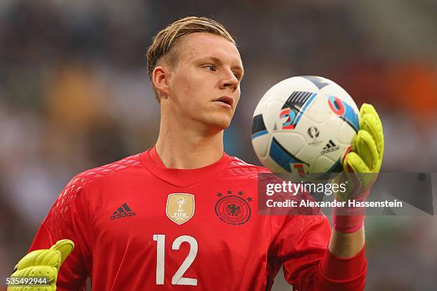 Bernd Leno, keeeper of Germany looks on during the international friendly match between Germany and Slovakia at WWK-Arena on May 29, 2016 in...