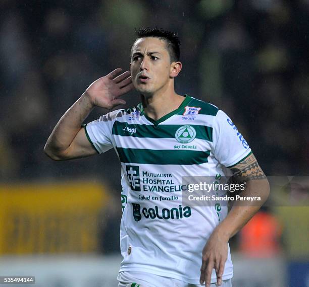 Alejandro Villoldo of Plaza Colonia celebrates after scoring the second goal of his team during a match between Penarol and Plaza Colonia as part of...