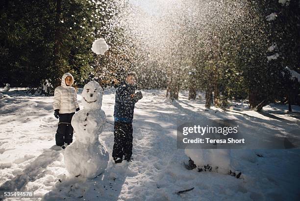 kids with snowman and throwing snowball in yosemite national park - schneeball stock-fotos und bilder