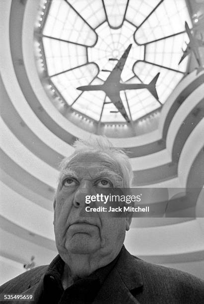 Artist Alexander Calder and his painted jet airplane models at the Guggenheim Museum in August 1973.