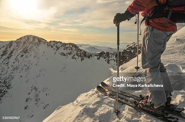 backcountry skier at mountain top, bulgaria - calças para esquiar imagens e fotografias de stock