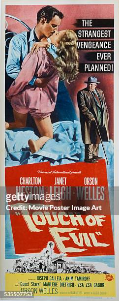 Poster for Orson Welles' 1958 crime film 'Touch of Evil' starring Charlton Heston, Orson Welles, and Janet Leigh.