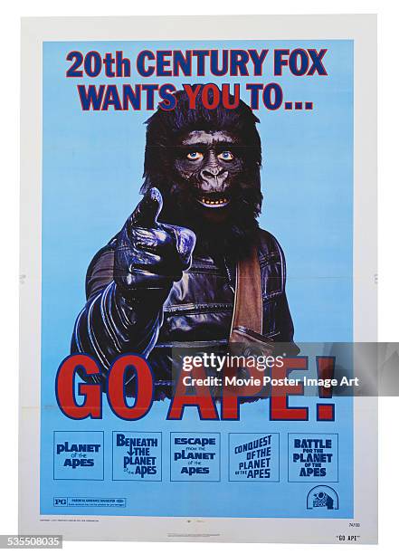 Poster from 20th Century Fox for the science fiction films 'Planet of the Apes', 'Beneath the Planet of the Apes', 'Escape from the Planet of the...