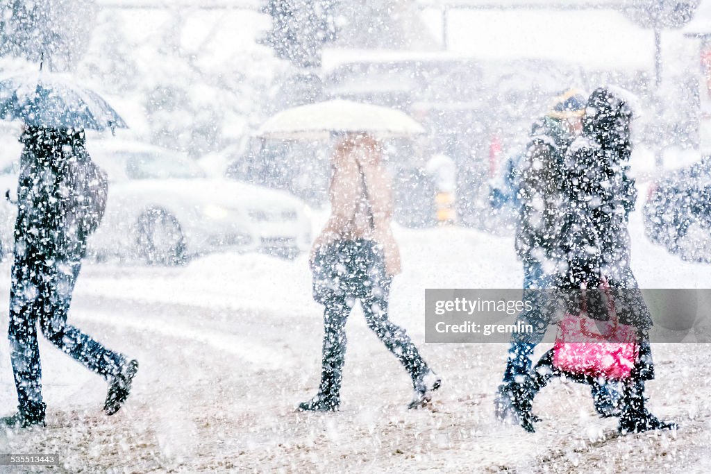 Pedestrians crossing the street on a snowy day