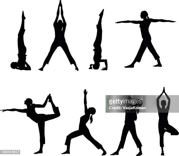 illustrations, cliparts, dessins animés et icônes de silhouettes de huit postures de yoga - gymnastique sportive