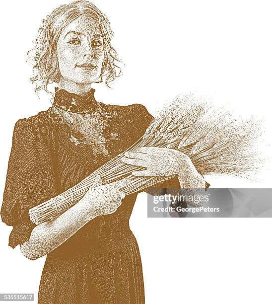 ilustrações, clipart, desenhos animados e ícones de vintage mulher segurando trigo pacote. sépia - retrato artístico