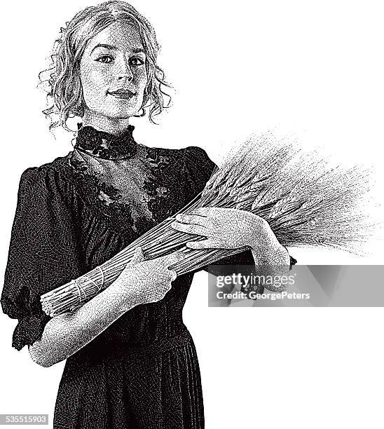 vintage woman holding wheat bundle - hands full stock illustrations