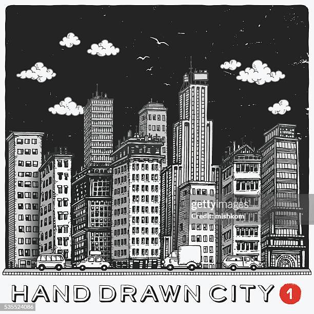 hand drawn city - black and white illustration stock illustrations