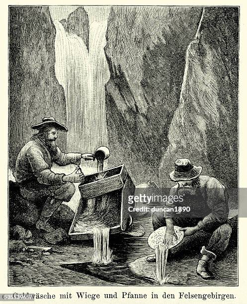 19th century north america -  gold miners in rocky mountains - panning stock illustrations