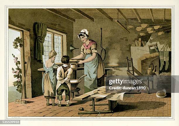 costumes of yorkshire - farmhouse kitchen baking cakes - oatcake stock illustrations