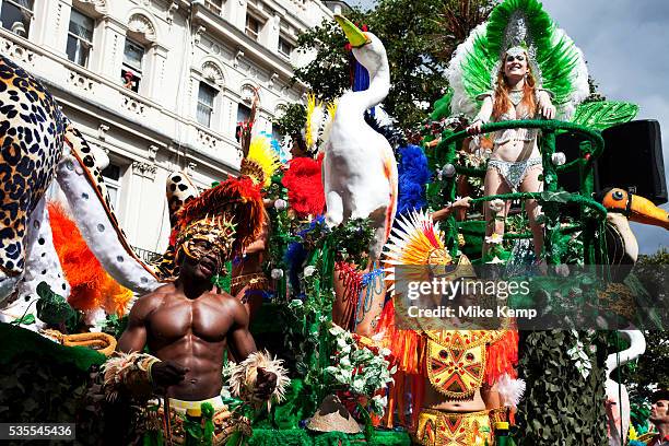 Parade with Brazilian dancers in fine costumes on the second day of the Notting Hill Carnival in West London. The Notting Hill Carnival is an annual...