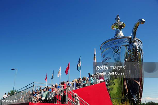 General view of the Alfred S. Bourne Trophy on the 18th hole during the final round of the 2016 Senior PGA Championship presented by KitchenAid at...