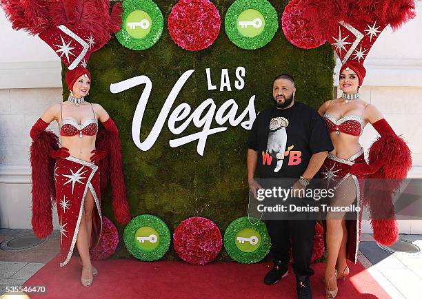 Las Vegas showgirls Jennifer Aurty , Porsha Revesz and DJ Khaled attend ceremony presenting DJ Khaled a key to the Las Vegas strip and the launch of...