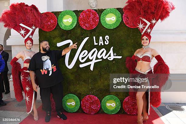 Las Vegas showgirls Jennifer Aurty , Porsha Revesz and DJ Khaled attend ceremony presenting DJ Khaled a key to the Las Vegas strip and the launch of...