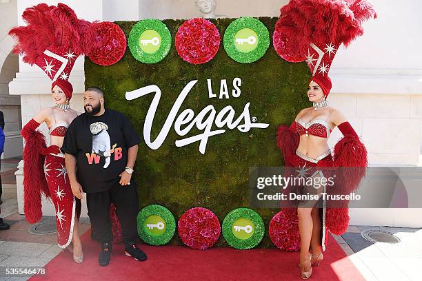 Las Vegas showgirls Jennifer Aurty , Porsha Revesz and DJ Khaled attend ceremony presenting DJ Khaled a key to the Las Vegas strip and the launch of...