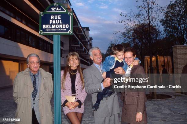 Alain Belmondo, Natty Belmondo, Jean-Paul Belmondo, Alessandro Belmondo and Luana Belmondo attend the Inauguration of the "Rue Paul Belmondo" in...